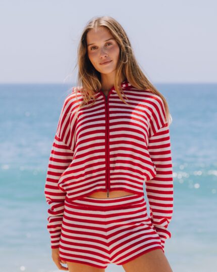 Daily Drills Cashmere Double Zip Hoodie Red & White